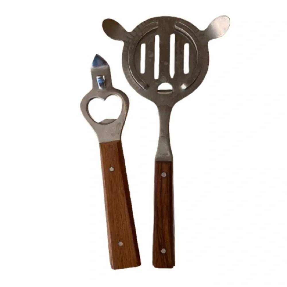 Vintage MCM Stainless Steel Bar Tool Set with Wood Handles 2 Piece Retro Rustic